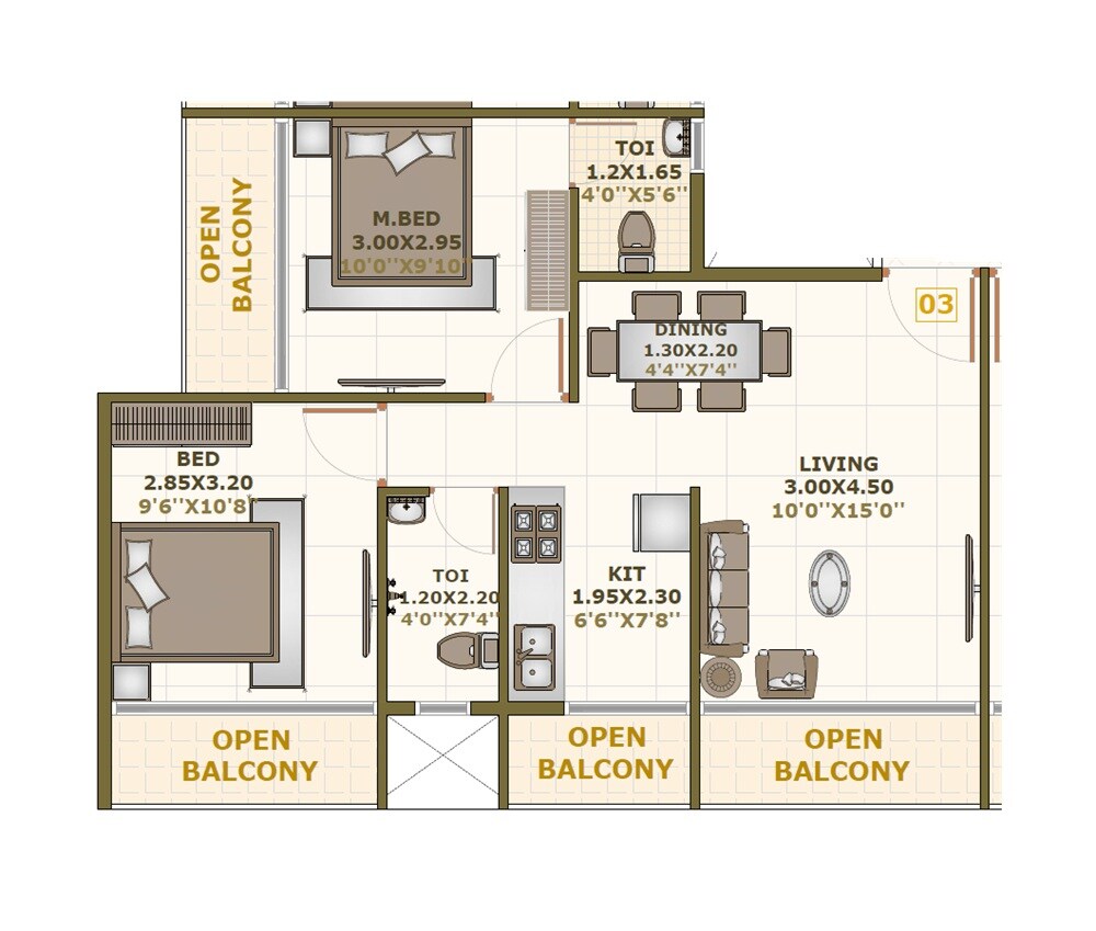 Floor plan of 2 BHK 469 Sq. Ft. Apartment in Skyway Aster, Navi Mumbai