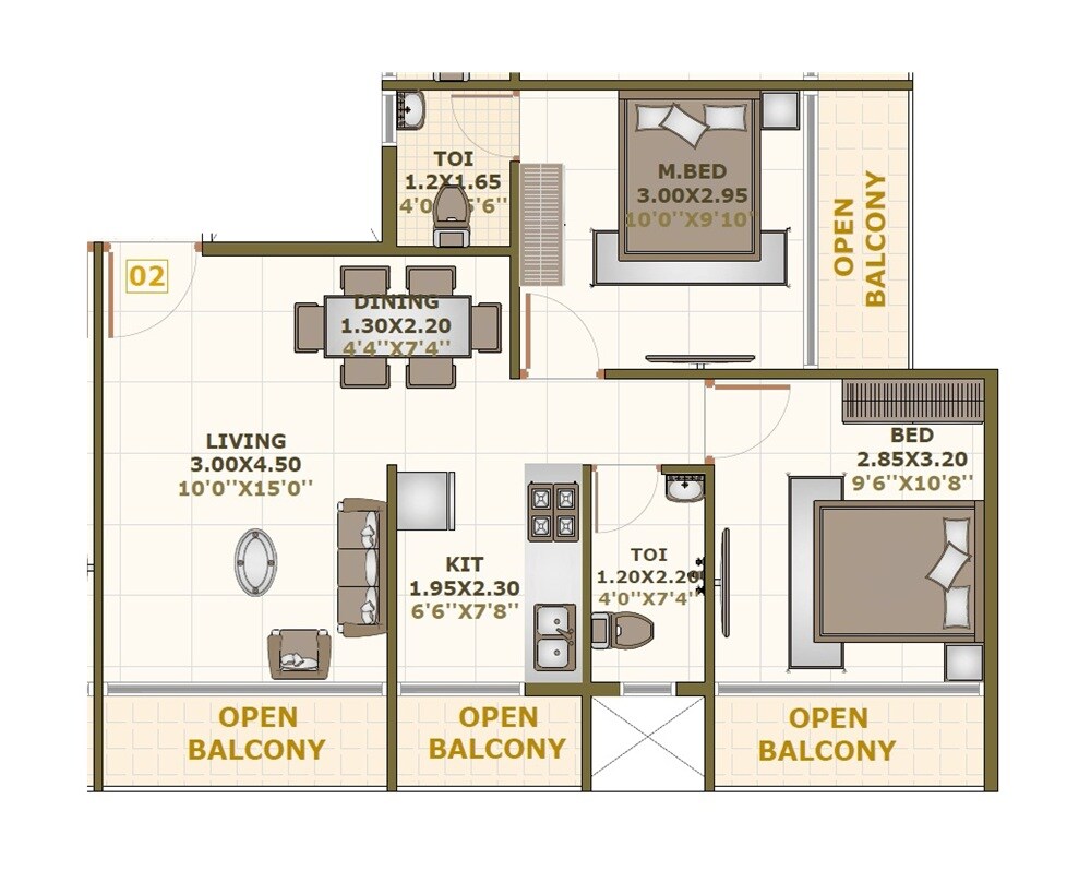 Floor plan of 2 BHK 507 Sq. Ft. Apartment in Skyway Aster, Navi Mumbai