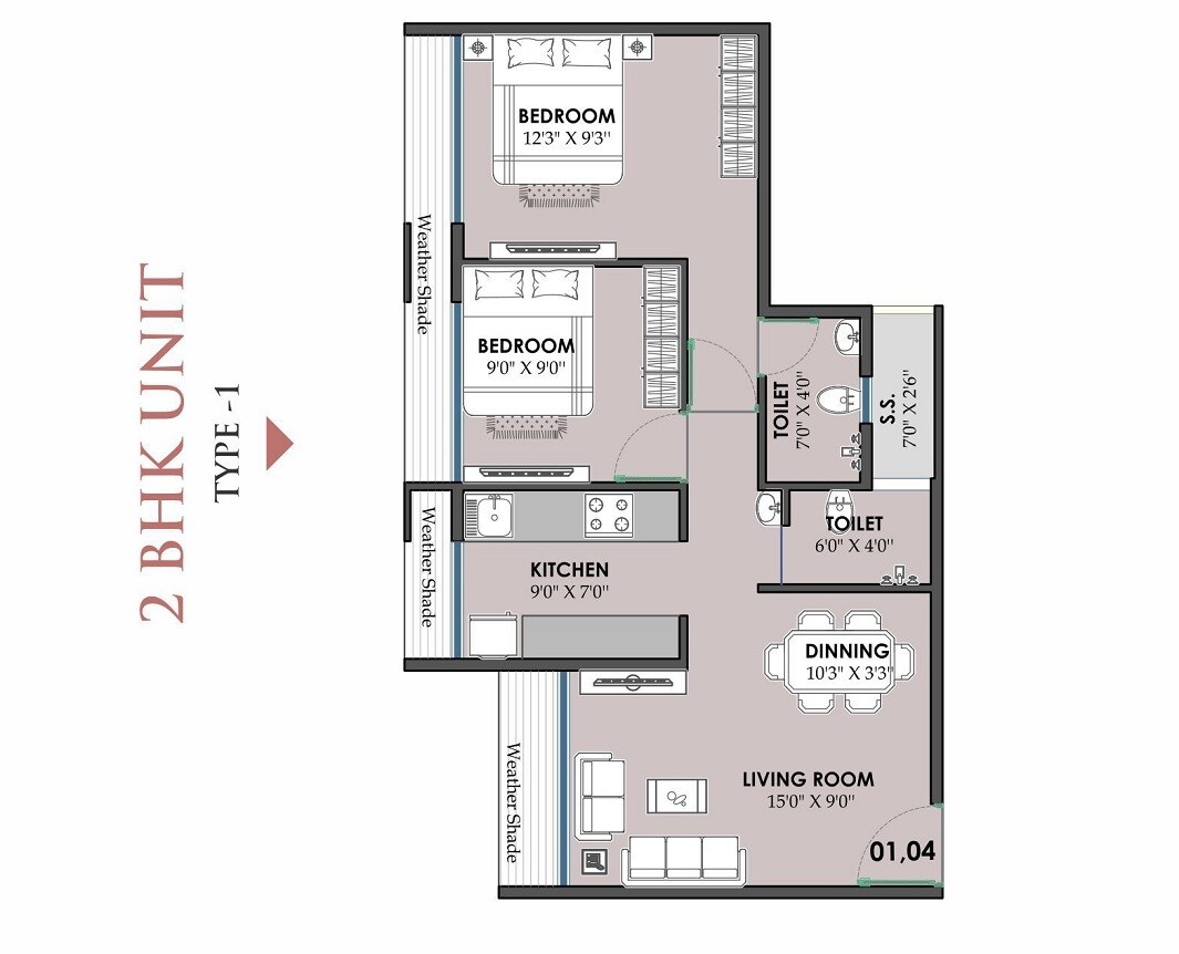 Floor plan of 2 BHK 504 Sq. Ft. Apartment in SM Elite, Navi Mumbai