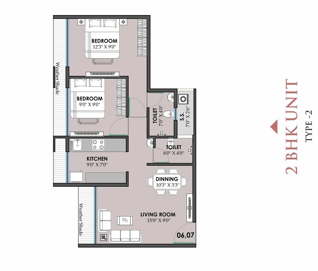 Floor plan of 2 BHK 532 Sq. Ft. Apartment in SM Elite, Navi Mumbai