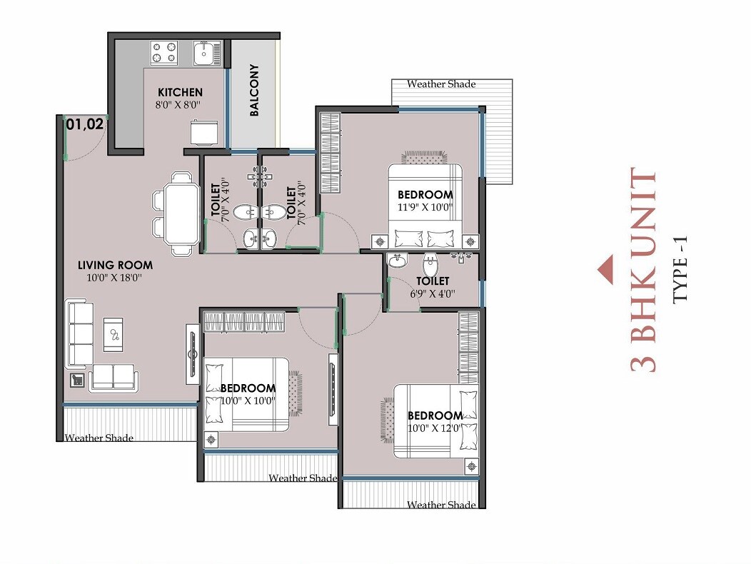 Floor plan of 3 BHK 675 Sq. Ft. Apartment in SM Elite, Navi Mumbai