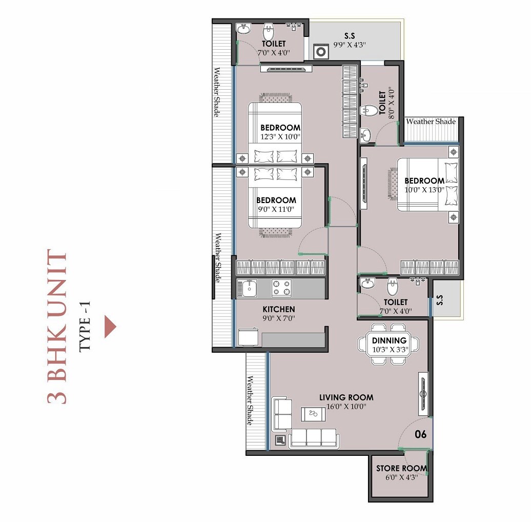 Floor plan of 3 BHK 776 Sq. Ft. Apartment in SM Elite, Navi Mumbai