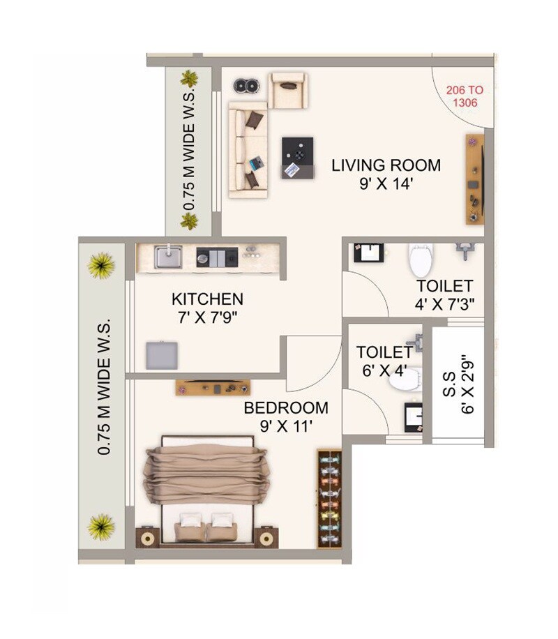 Floor plan of 1 BHK 337 Sq. Ft. Apartment in SM Emerald, Navi Mumbai