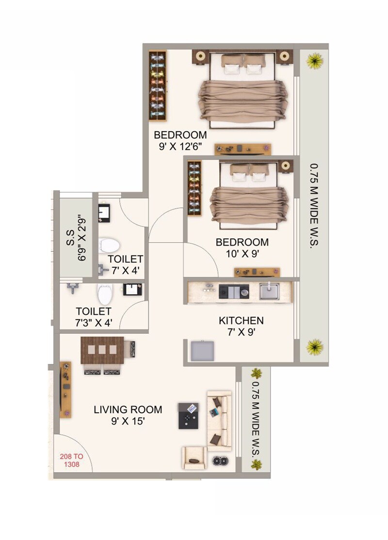 Floor plan of 2 BHK 515 Sq. Ft. Apartment in SM Emerald, Navi Mumbai
