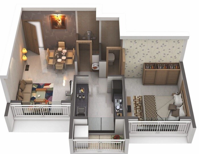 Floor plan of 1 BHK 391 Sq. Ft. Apartment in SM Hitech Tulip, Navi Mumbai