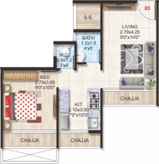 Floor plan of 1 BHK 290 Sq. Ft. Apartment in SM Olive Paradise, Navi Mumbai