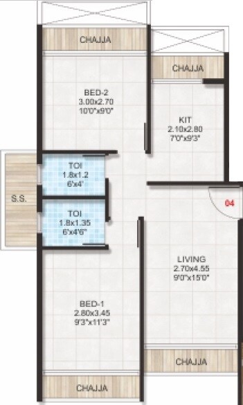 Floor plan of 2 BHK 462 Sq. Ft. Apartment in SM Olive Paradise, Navi Mumbai