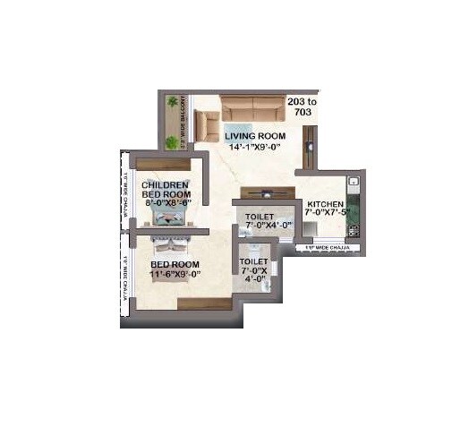 Floor plan of 2 BHK 580 Sq. Ft. Apartment in Sonu Studio High 5, Navi Mumbai