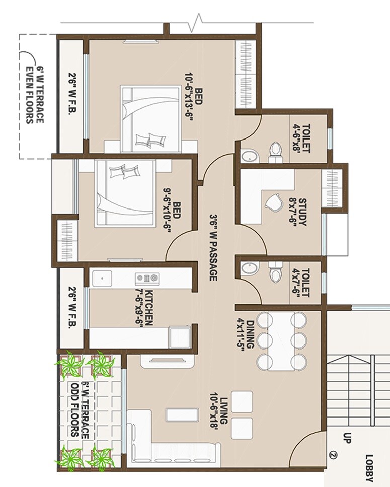 Floor plan of 2 BHK 738 Sq. Ft. Apartment in Sound Delight, Navi Mumbai