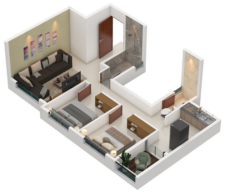 Floor plan of 2 BHK 519 Sq. Ft. Apartment in Space India Amulyam, Navi Mumbai