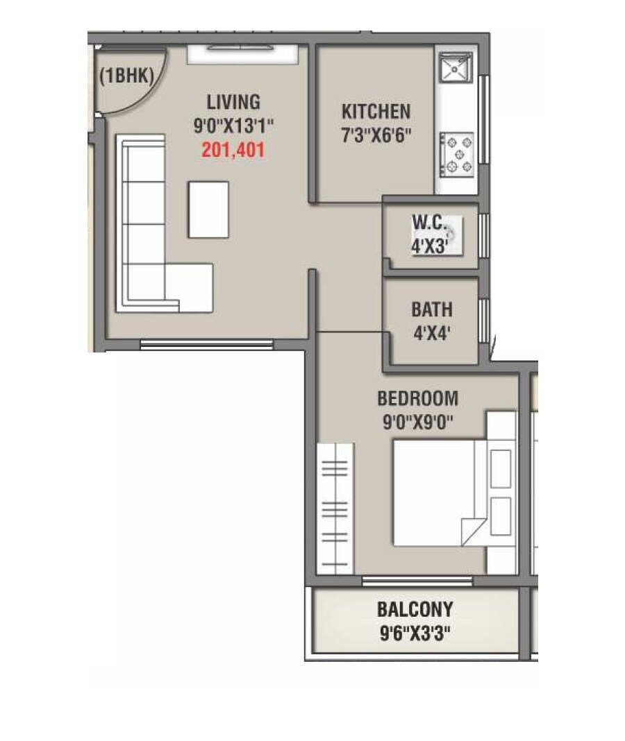 Floor plan of 1 BHK 353 Sq. Ft. Apartment in Space India Greens, Navi Mumbai