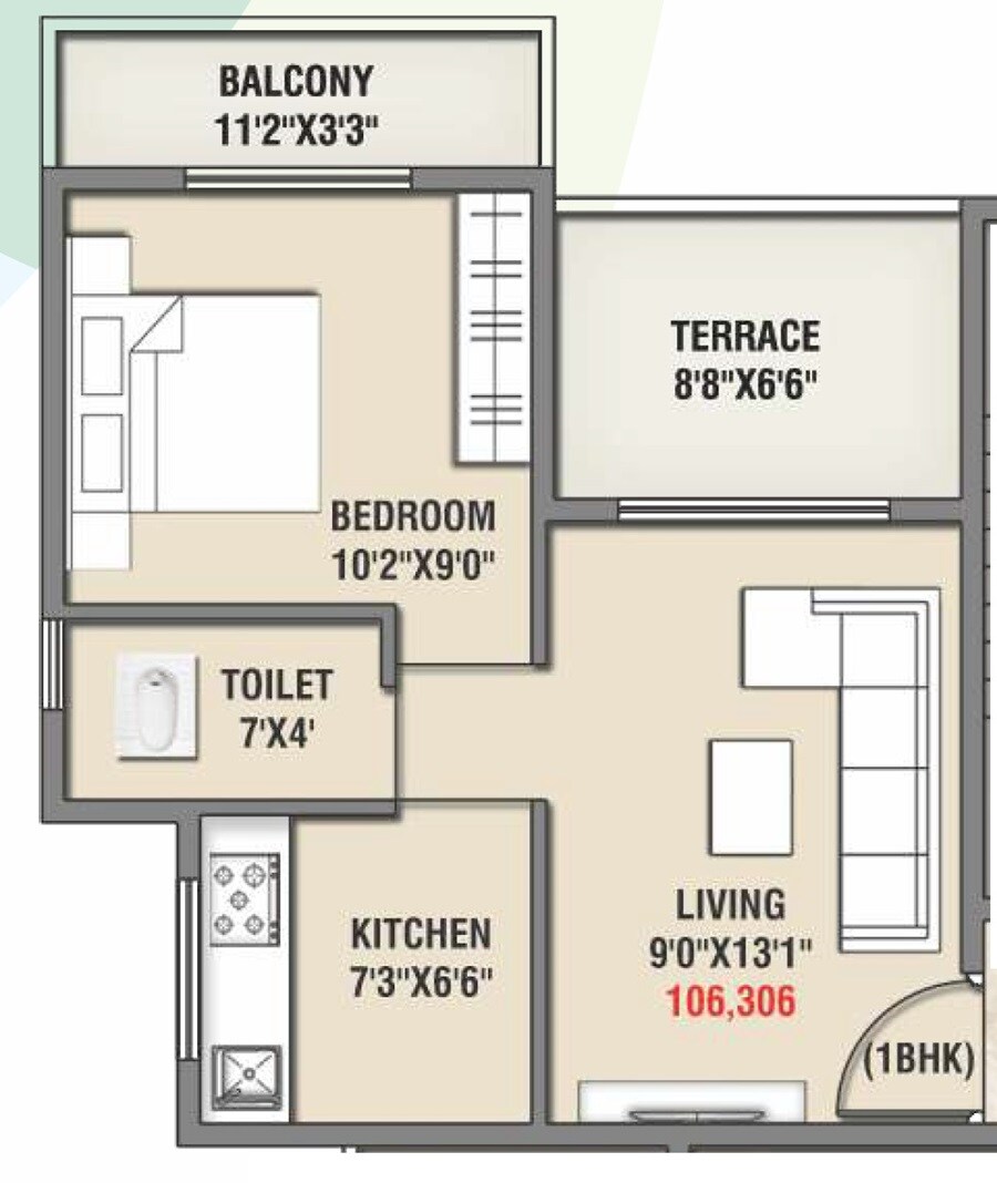 Floor plan of 1 BHK 434 Sq. Ft. Apartment in Space India Greens, Navi Mumbai
