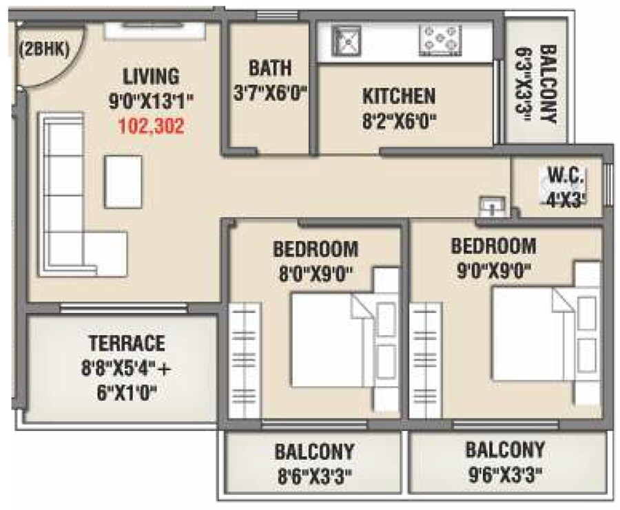 Floor plan of 2 BHK 453 Sq. Ft. Apartment in Space India Greens, Navi Mumbai
