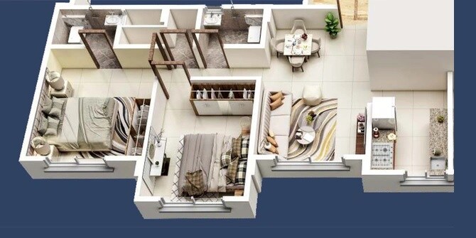 Floor plan of 2 BHK 877 Sq. Ft. Apartment in Space India Qualcon Heritage, Navi Mumbai
