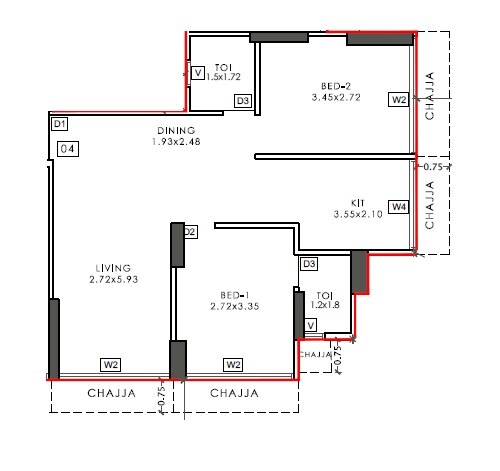 Floor plan of 2 BHK 586 Sq. Ft. Apartment in Space One Valencia, Navi Mumbai
