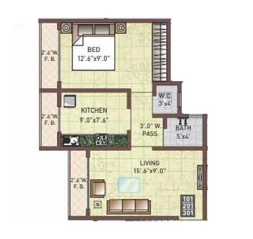 Floor plan of 1 BHK 471 Sq. Ft. Apartment in Space Sai Moreshwar, Navi Mumbai