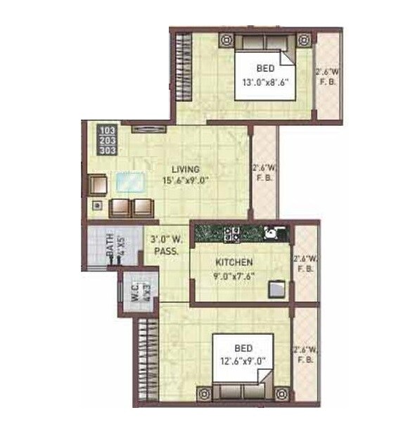 Floor plan of 2 BHK 560 Sq. Ft. Apartment in Space Sai Moreshwar, Navi Mumbai