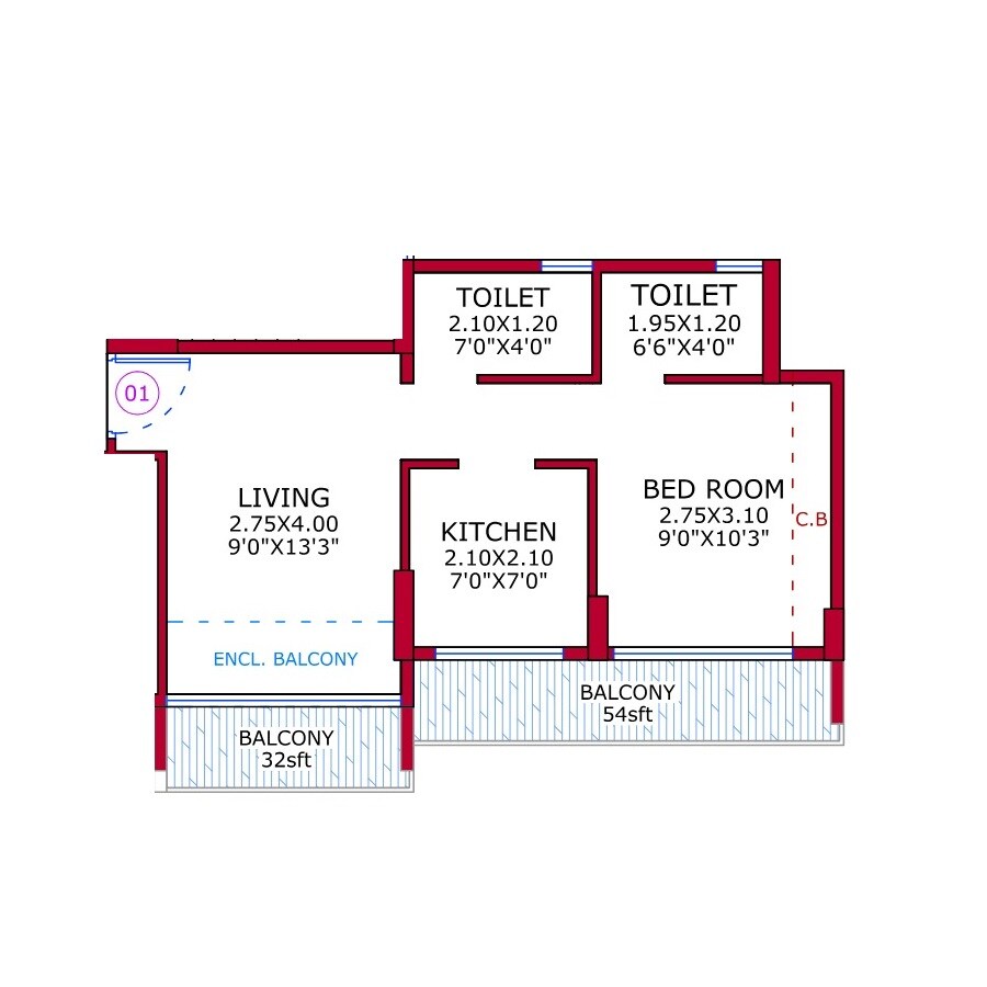 Floor plan of 1 BHK 276 Sq. Ft. Apartment in SS Aura Residency, Navi Mumbai