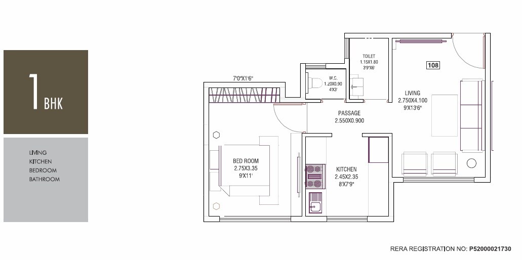 Floor plan of 1 BHK 341 Sq. Ft. Apartment in Stonewood Subhash Premier, Navi Mumbai