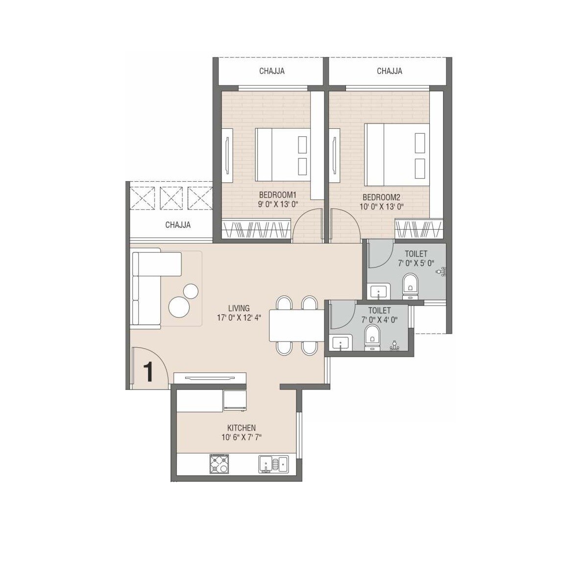 Floor plan of 2 BHK 640 Sq. Ft. Apartment in Sunny Satyam Sicilia, Navi Mumbai