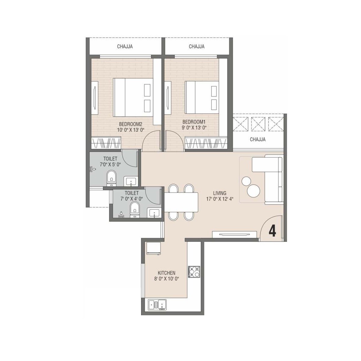 Floor plan of 2 BHK 644 Sq. Ft. Apartment in Sunny Satyam Sicilia, Navi Mumbai