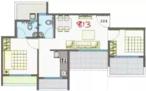 Floor plan of 2 BHK 813 Sq. Ft. Apartment in Sunshine Willows, Navi Mumbai
