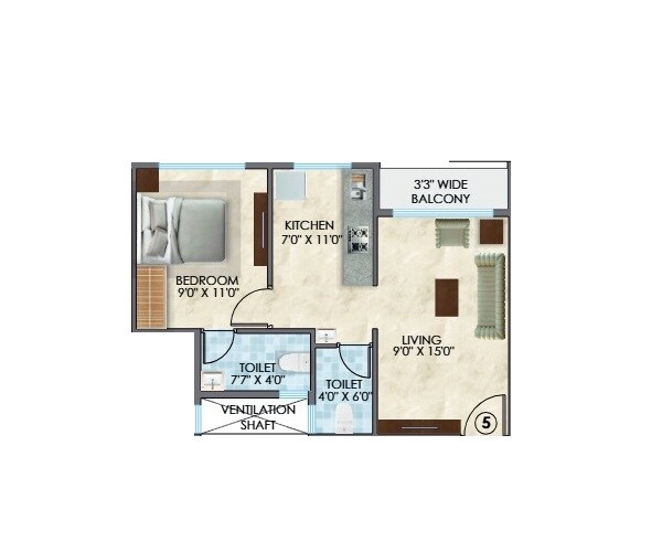 Floor plan of 1 BHK 372 Sq. Ft. Apartment in Surana Grande, Navi Mumbai