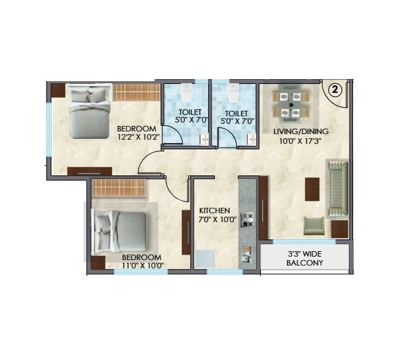 Floor plan of 2 BHK 519 Sq. Ft. Apartment in Surana Grande, Navi Mumbai