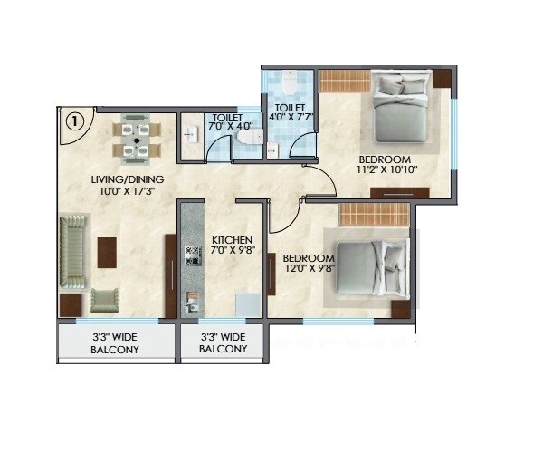 Floor plan of 2 BHK 560 Sq. Ft. Apartment in Surana Grande, Navi Mumbai