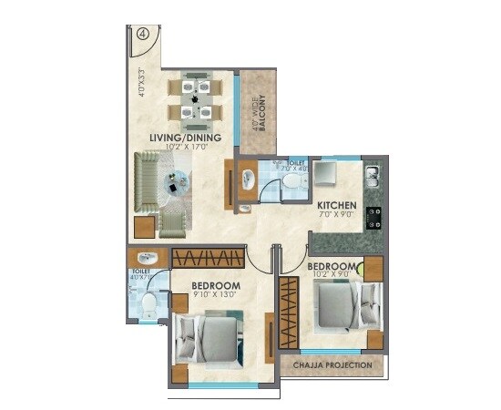 Floor plan of 2 BHK 674 Sq. Ft. Apartment in Surana Residency, Navi Mumbai