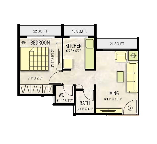 Floor plan of 1 BHK 333 Sq. Ft. Apartment in Surana Samruddhi, Navi Mumbai