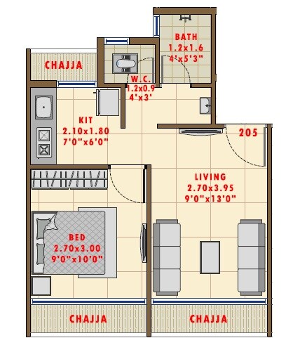 Floor plan of 1 BHK Apartment - 274 sq. ft. in Surya Residency Ulwe, Navi Mumbai