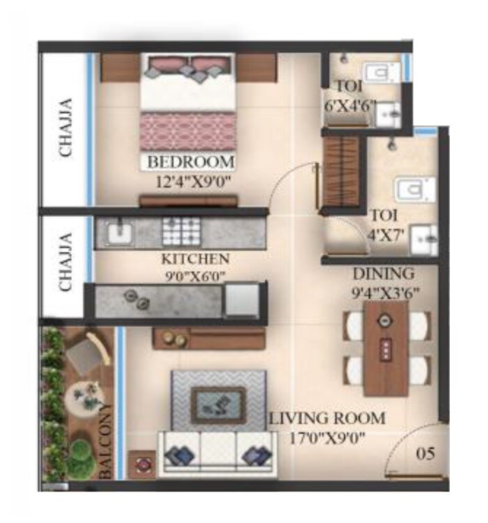 Floor plan of 1 BHK 329 Sq. Ft. Apartment in Surya Vista Heights, Navi Mumbai