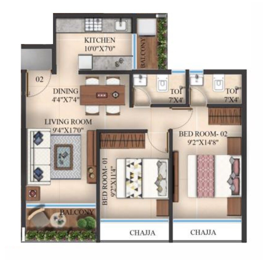 Floor plan of 2 BHK 512 Sq. Ft. Apartment in Surya Vista Heights, Navi Mumbai
