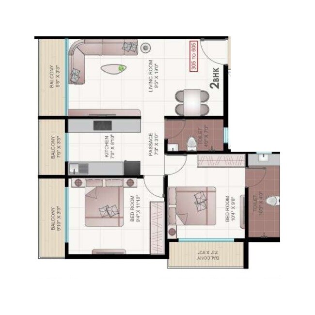 Floor plan of 2 BHK 571 Sq. Ft. Apartment in Suryakiran Imperial City, Navi Mumbai