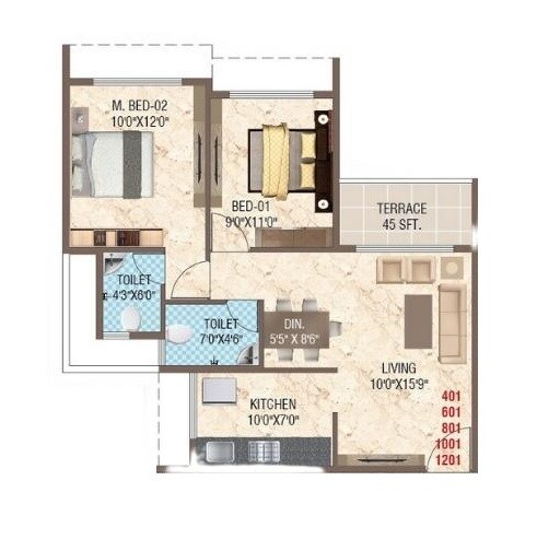 Floor plan of 2 BHK 860 Sq. Ft. Apartment in Susheel Janaki, Navi Mumbai