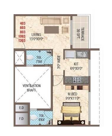 Floor plan of 1 BHK 400 Sq. Ft. Apartment in Susheel Utkarsh, Navi Mumbai