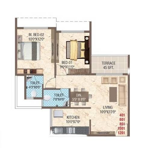 Floor plan of 2 BHK 877 Sq. Ft. Apartment in Susheel Utkarsh, Navi Mumbai