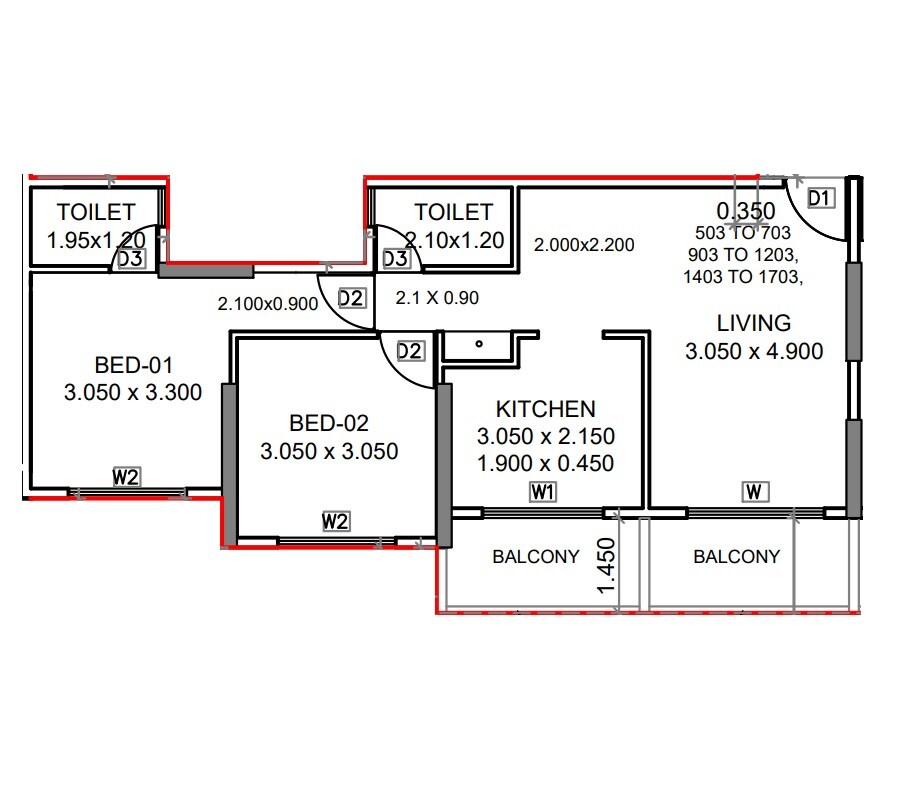 Floor plan of 2 BHK 619 Sq. Ft. Apartment in Suvidha Villa, Navi Mumbai
