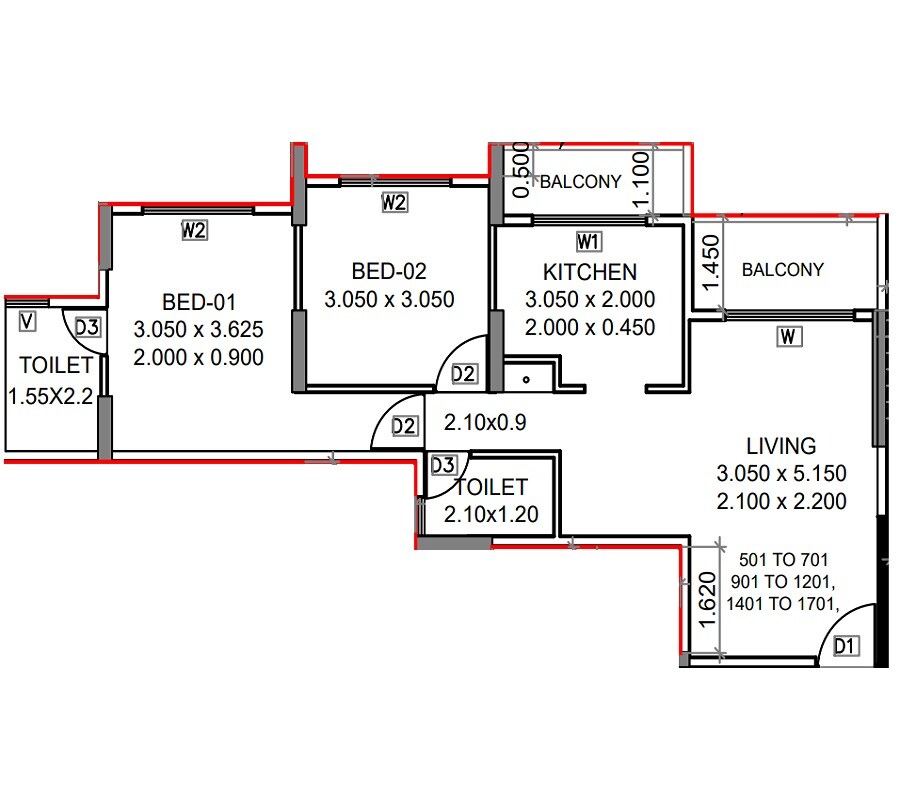 Floor plan of 2 BHK 645 Sq. Ft. Apartment in Suvidha Villa, Navi Mumbai