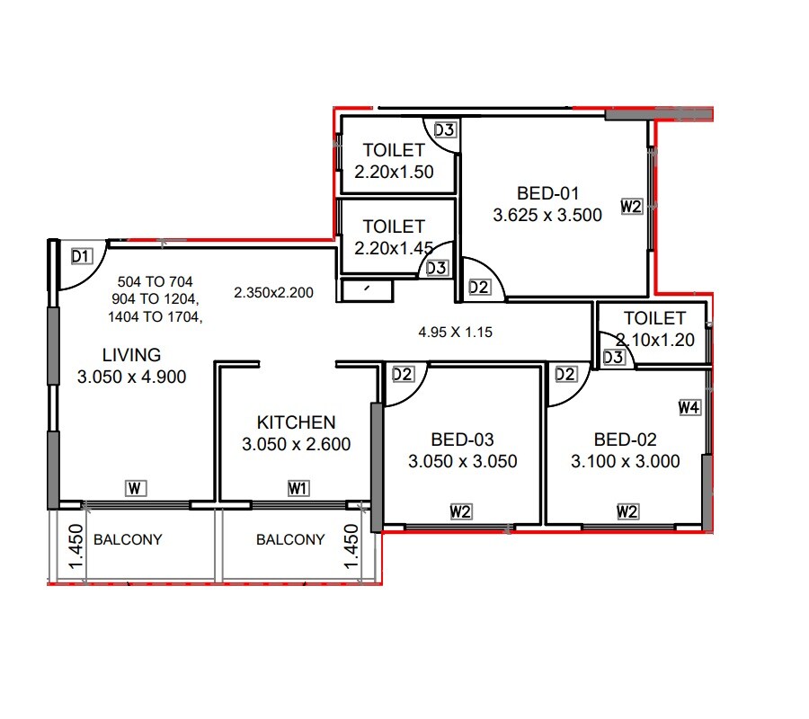 Floor plan of 3 BHK 844 Sq. Ft. Apartment in Suvidha Villa, Navi Mumbai