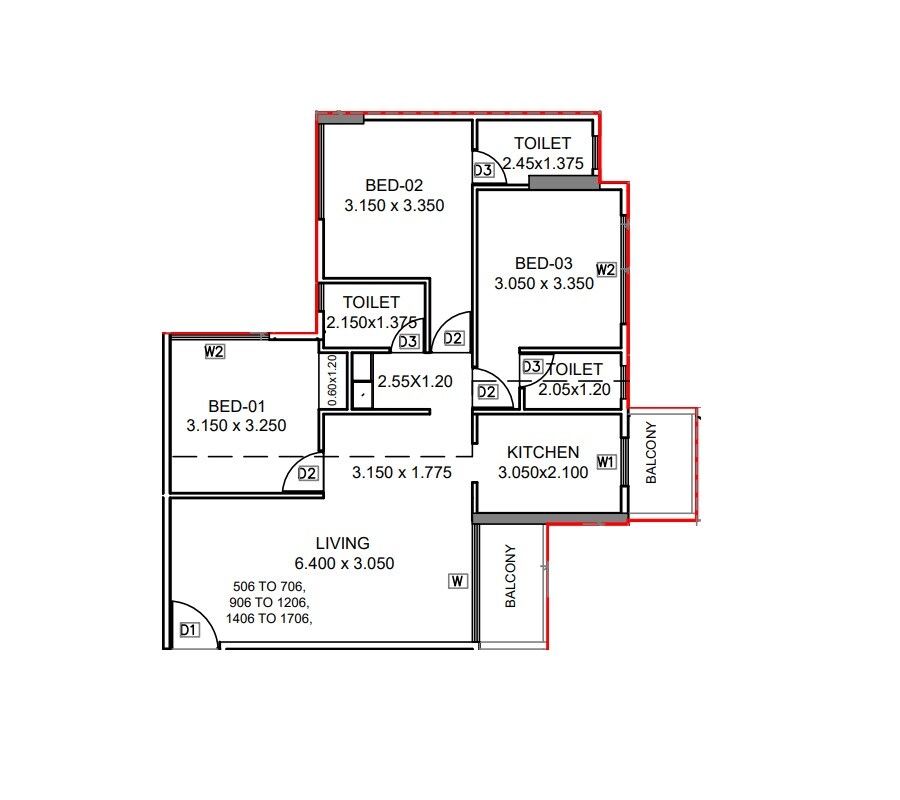Floor plan of 3 BHK 873 Sq. Ft. Apartment in Suvidha Villa, Navi Mumbai