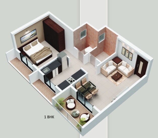 Floor plan of 1 BHK 341 Sq. Ft. Apartment in Suyash Gokul, Navi Mumbai