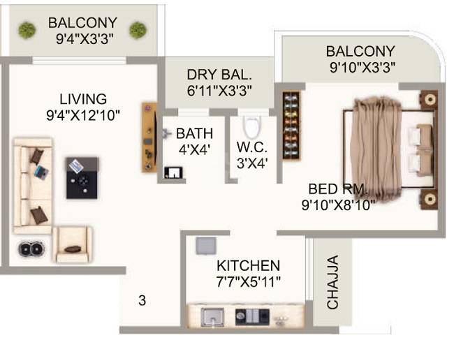 Floor plan of 1 BHK 415 Sq. Ft. Apartment in Swamini Heights, Navi Mumbai