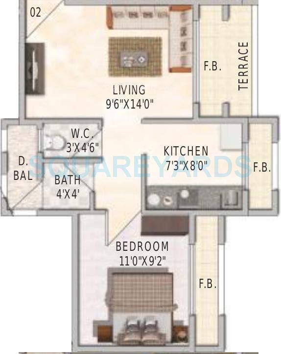 Floor plan of 1 BHK 700 Sq. Ft. Apartment in Swaraj Bella Vista, Navi Mumbai