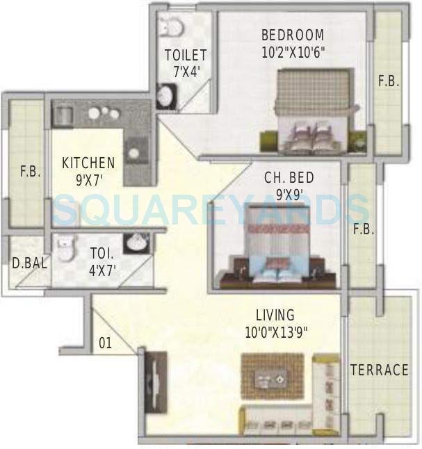 Floor plan of 2 BHK 980 Sq. Ft. Apartment in Swaraj Bella Vista, Navi Mumbai