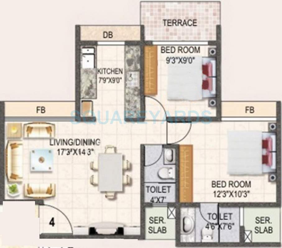 Floor plan of 2 BHK 1055 Sq. Ft. Apartment in Swaraj Daffodils, Navi Mumbai