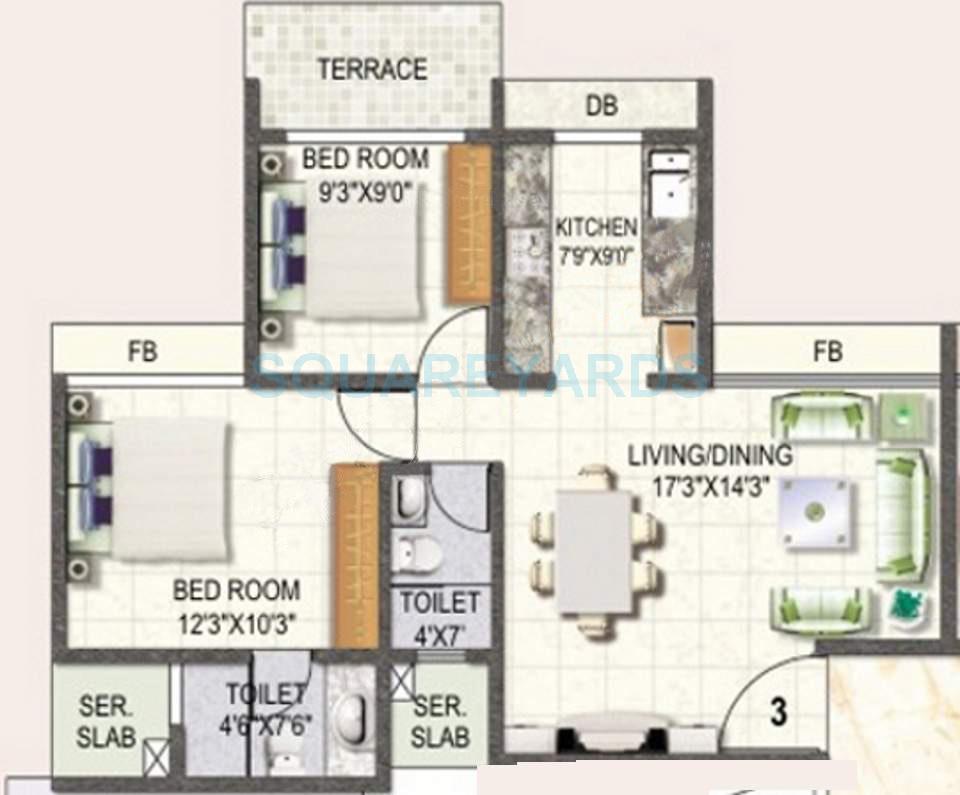 Floor plan of 2 BHK 1190 Sq. Ft. Apartment in Swaraj Daffodils, Navi Mumbai