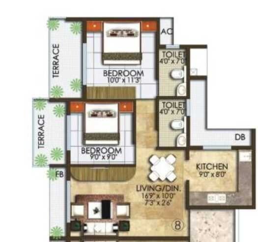 Floor plan of 2 BHK 1190 Sq. Ft. Apartment in Swaraj Exotica, Navi Mumbai