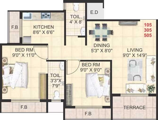 Floor plan of 1 BHK 980 Sq. Ft. Apartment in Swaraj Homes Sai Mannat, Navi Mumbai